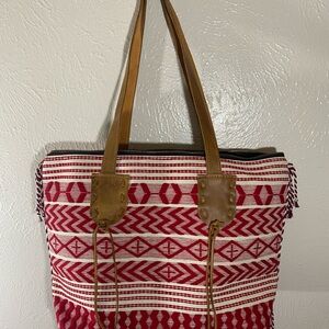 Woven Red & Cream Tote Bag with Tan Leather Handles